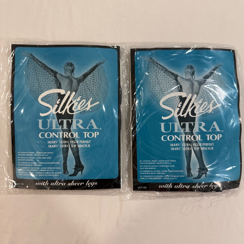 2 Pair Vintage Silkies Ultra Control Top Pantyhose Medium Navy Blue USA 030207
